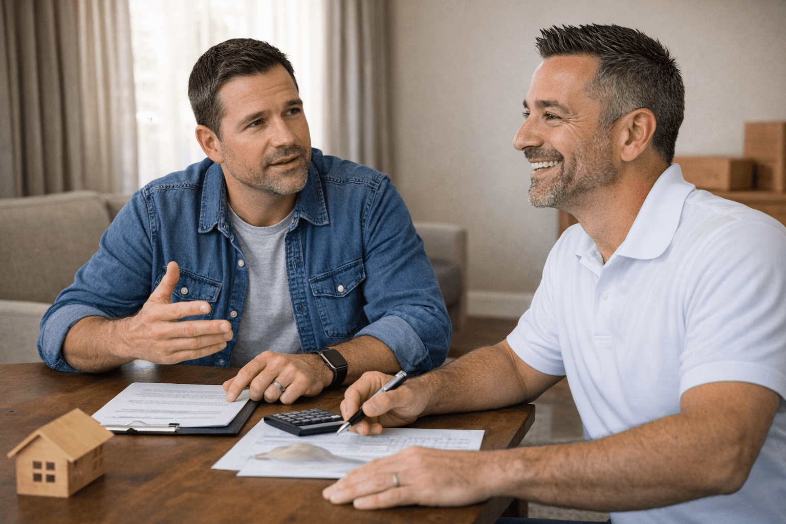 Orange County homeowner meeting with a home buyer at a table, reviewing paperwork and asking questions about selling their house fast