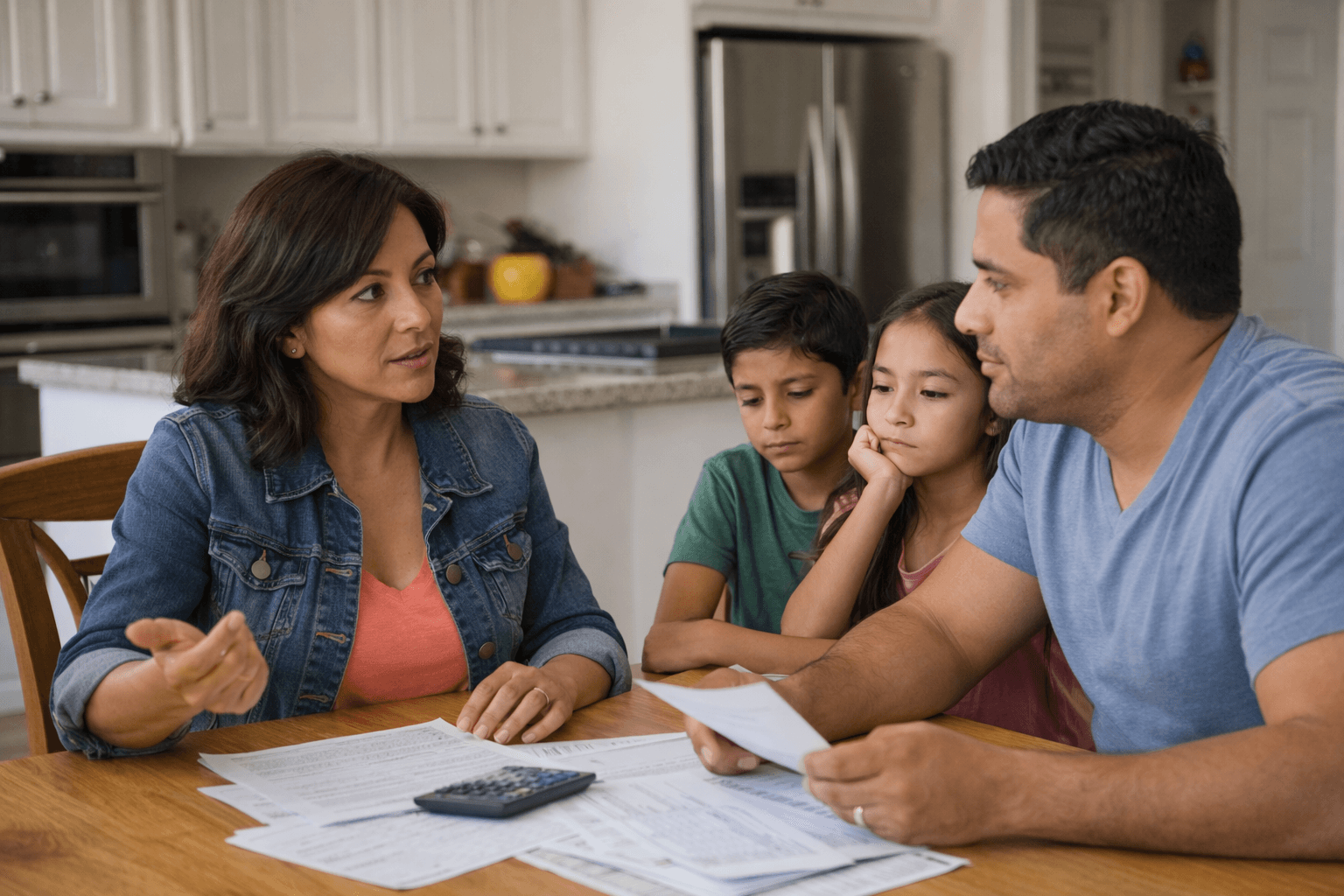 family sitting at a kitchen table reviewing paperwork and discussing selling their home quickly in Orange County, CA