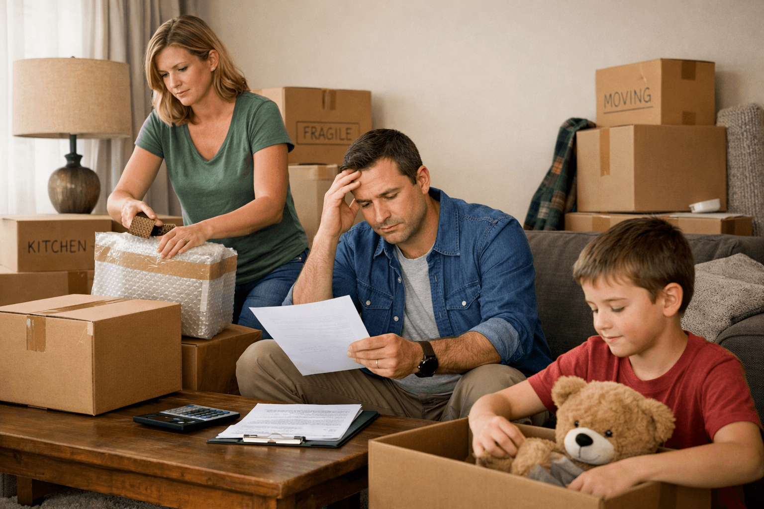 Orange County family packing boxes at home, reviewing paperwork and preparing to move due to a stressful life situation