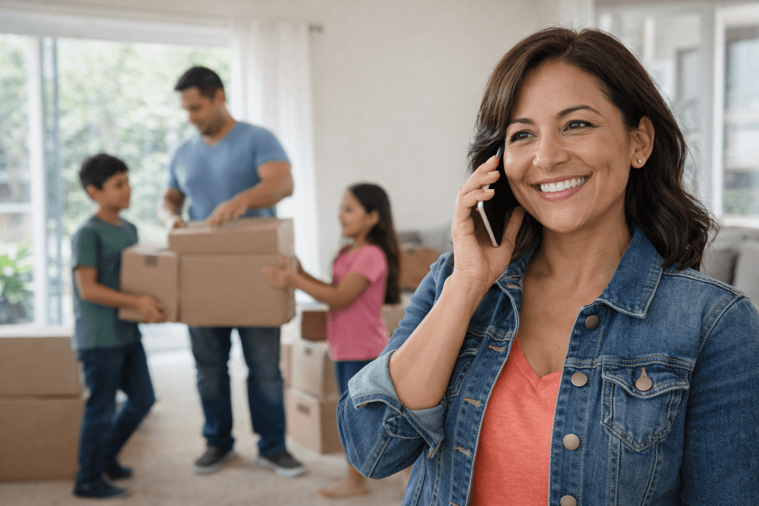 homeowner smiling on the phone while her family packs boxes behind her, representing a fast and smooth home sale in Orange County, CA