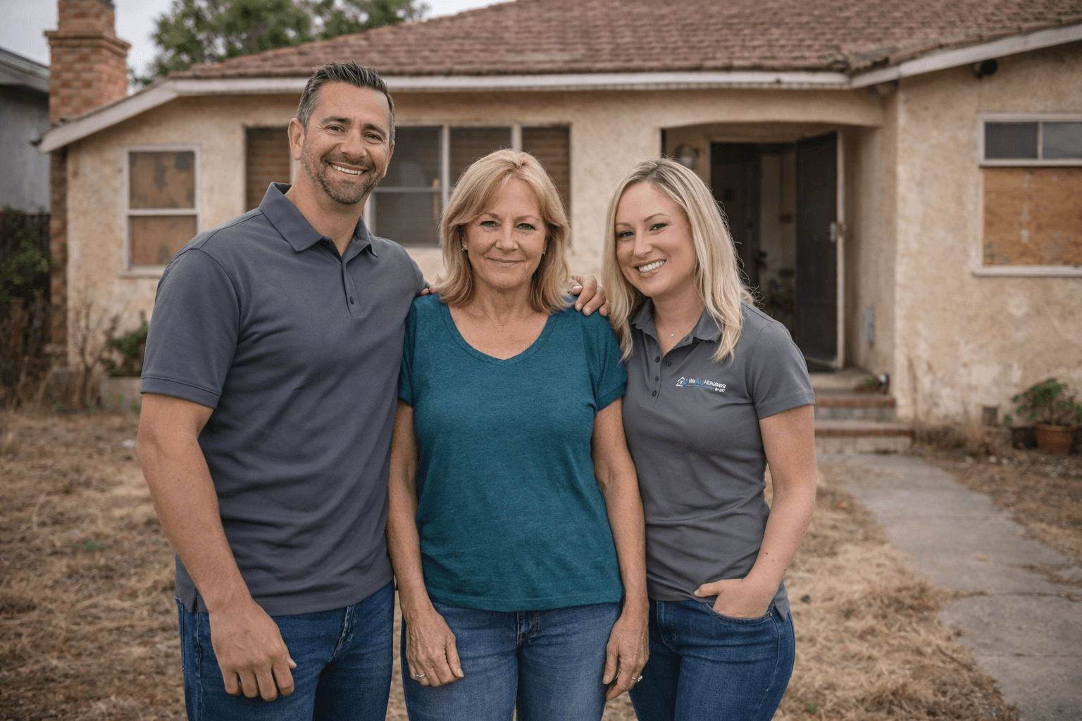 Happy Santa Ana homeowner standing with local home buyers after selling her house fast with no repairs or fees