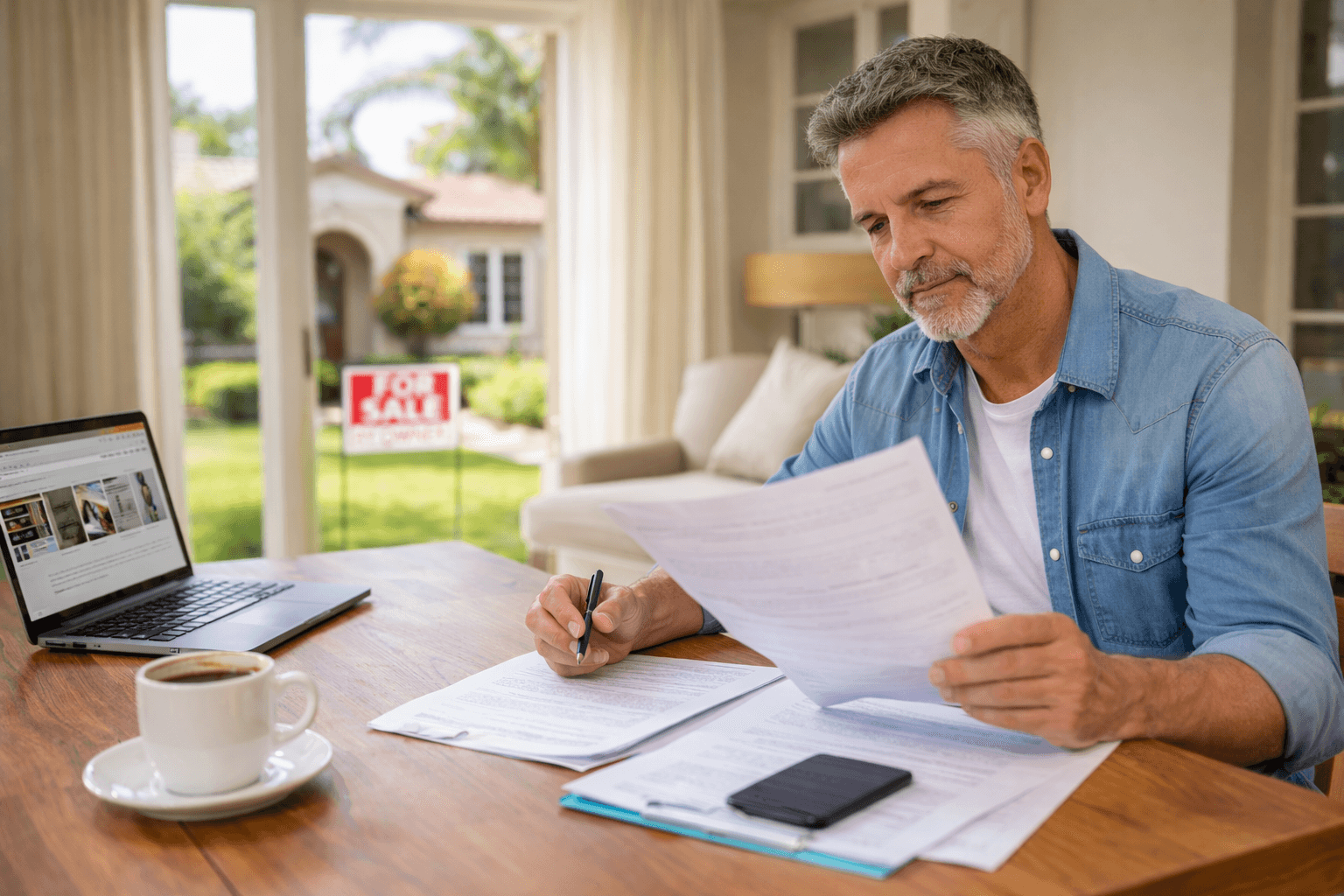Orange County homeowner planning how to sell a house without a realtor using a laptop at home