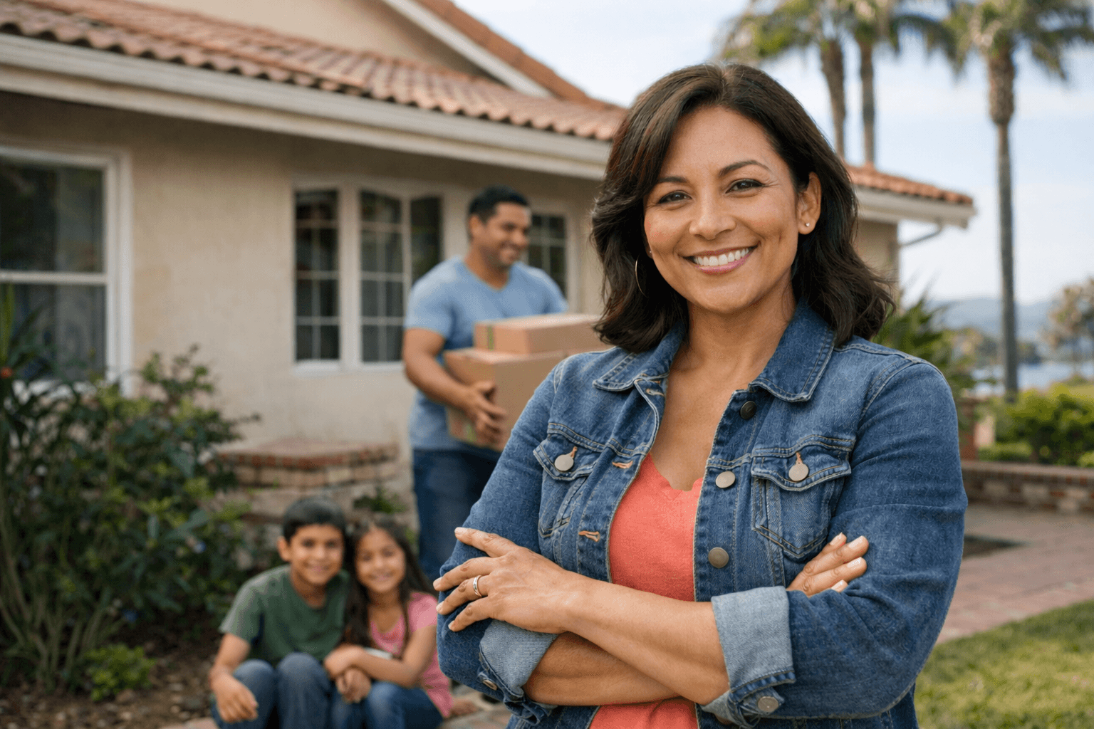 homeowner standing confidently in front of her Orange County home with family behind her, representing a fast and stress-free home sale