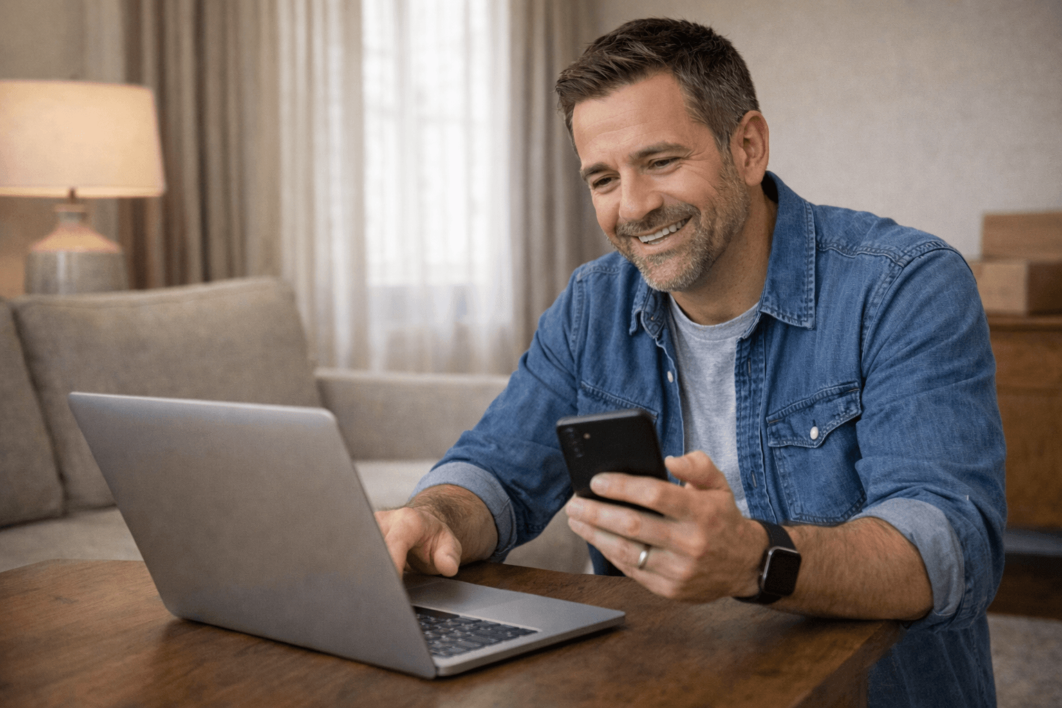 Orange County homeowner smiling and using their phone or laptop to take the next step in selling their house fast with confidence