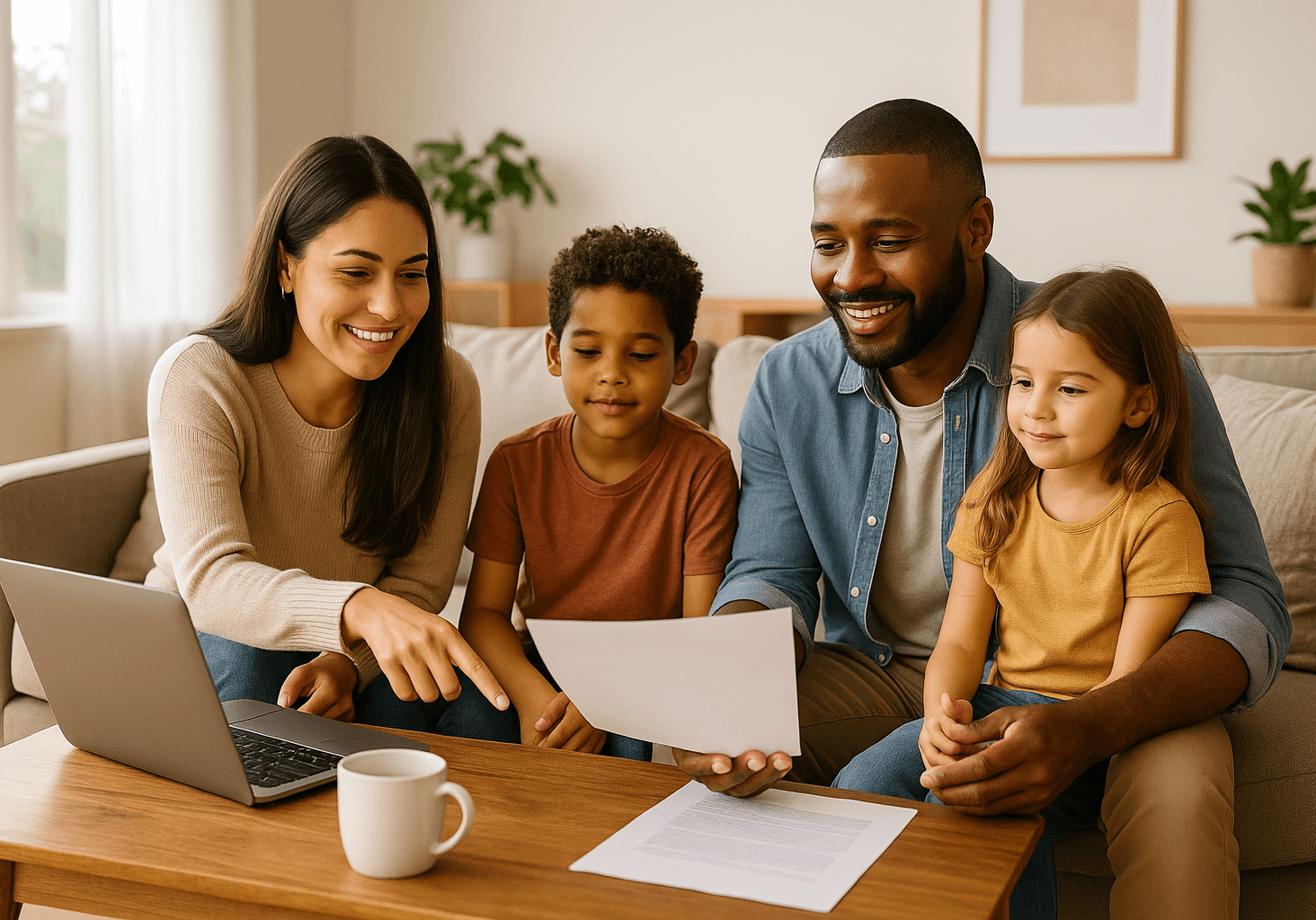 Smiling family reviewing home-selling paperwork together with a real estate investor in Orange County, CA