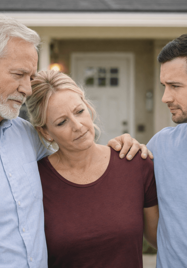 Family standing outside a home in Orange County looking thoughtful and discussing what to do after inheriting the property