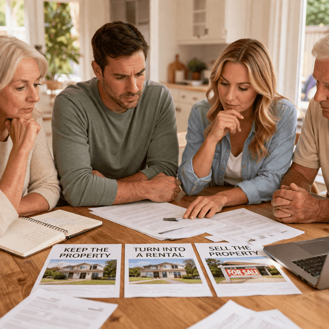 Family sitting together at a table reviewing documents and discussing options for an inherited house in Orange County