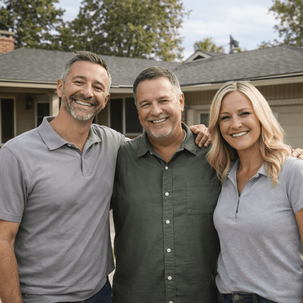 Happy Fullerton homeowner standing with local cash home buyers after selling house as-is for a fast, stress-free sale