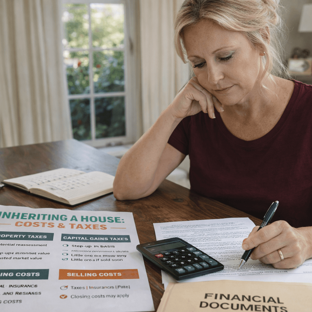 Orange County homeowner reviewing paperwork and calculating costs related to an inherited house