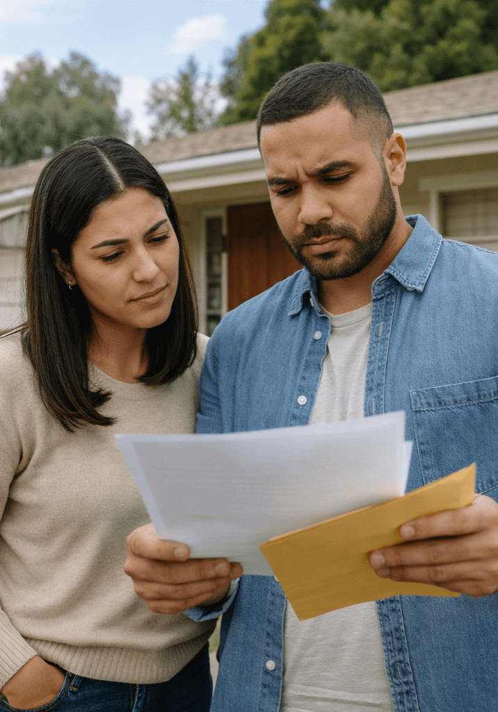Brother and sister reviewing documents in front of an older inherited home in Anaheim, CA