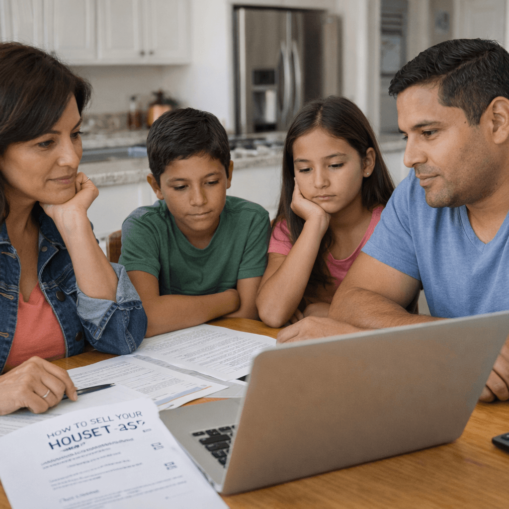 family reviewing paperwork and laptop together at a table while discussing options to sell their house fast in Orange County, CA
