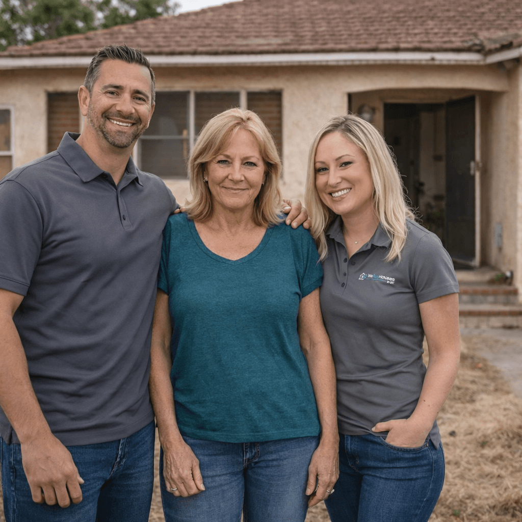 Happy Santa Ana homeowner standing with local home buyers after selling her house fast with no repairs or fees