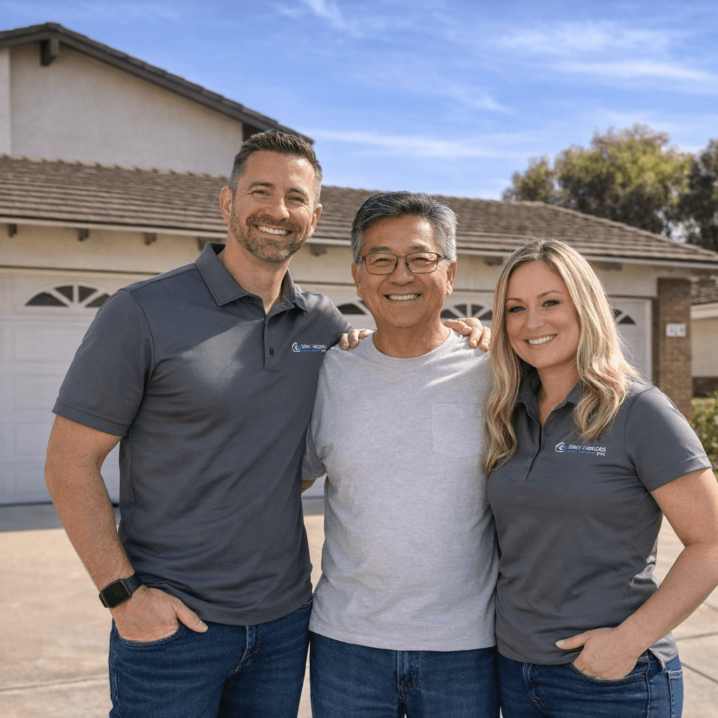 Happy Irvine homeowner standing with local home buyers in front of a tan suburban home after selling house as-is