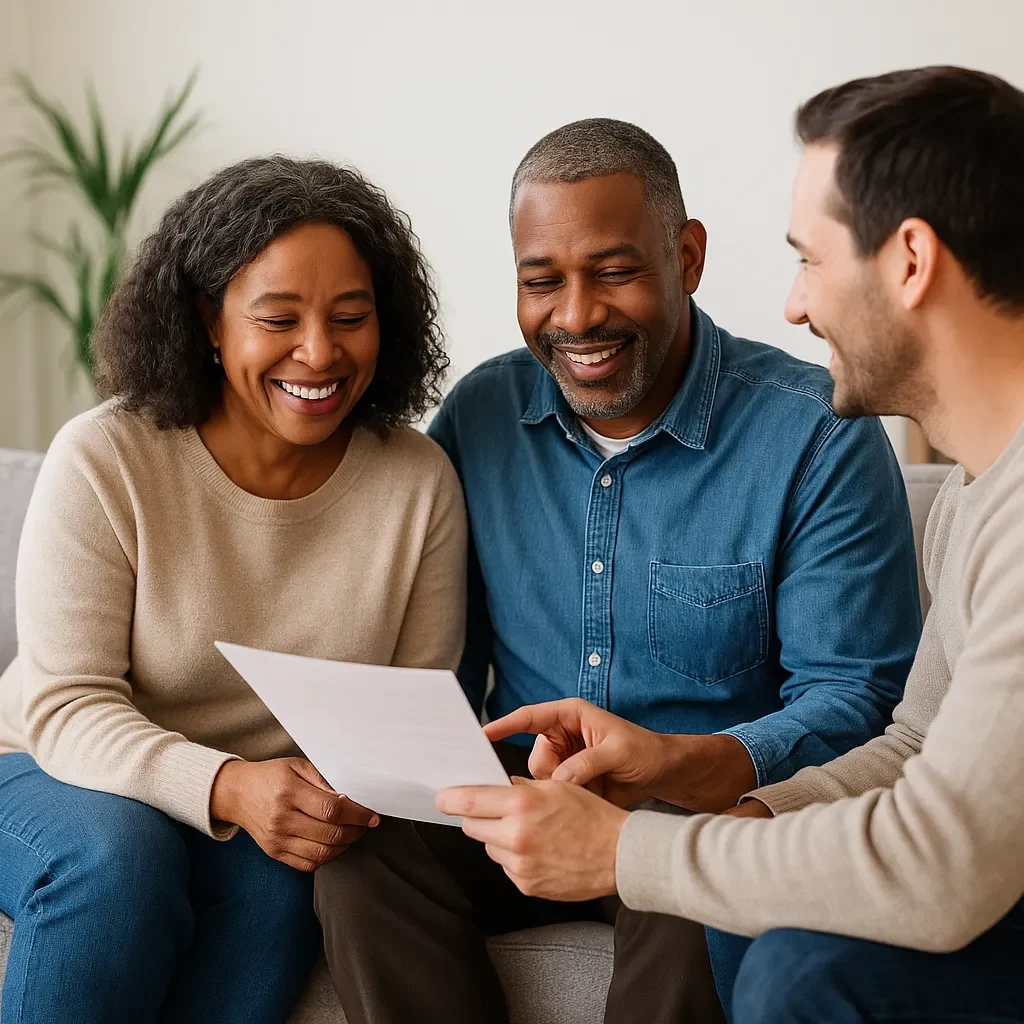 Homeowners discussing fair cash offer with local home buyer in Orange County, CA